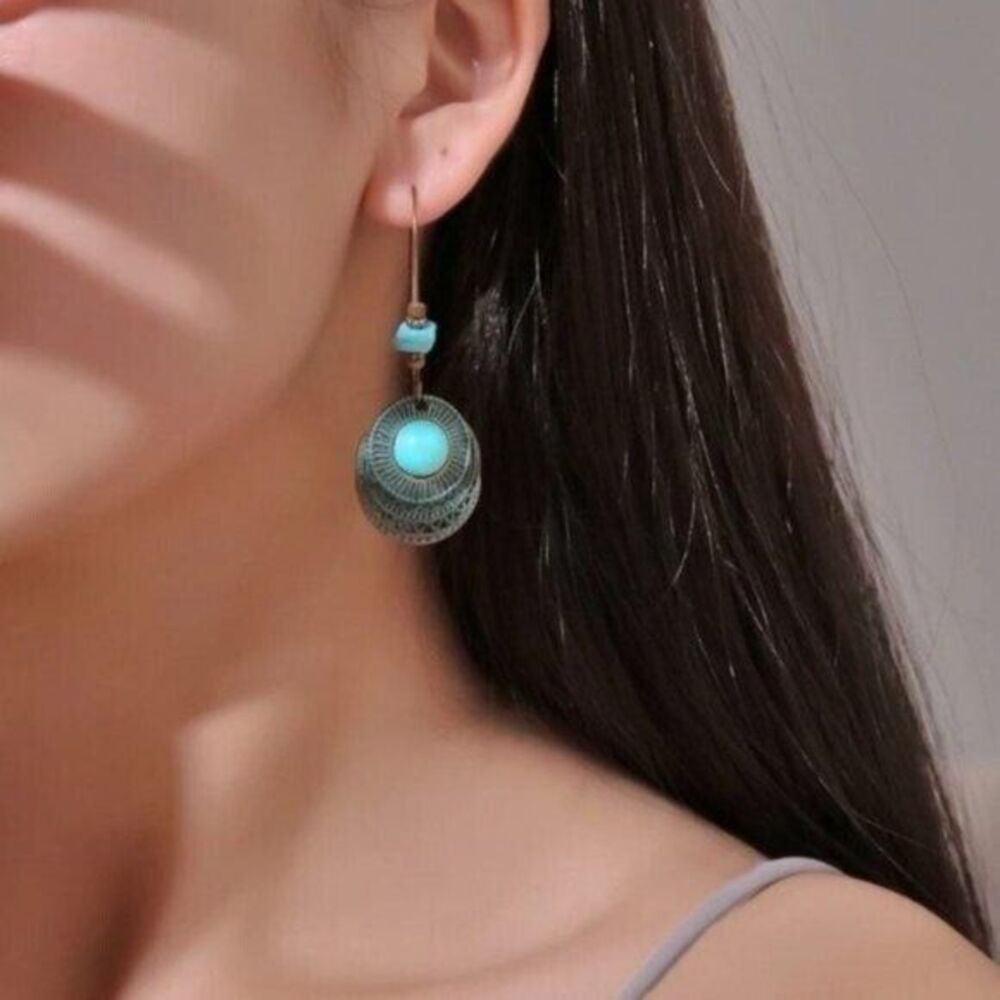 Earrings Womens Cowgirl Earthy Southwestern Western Drop Turquoise Blue Festival - Picture 3 of 3